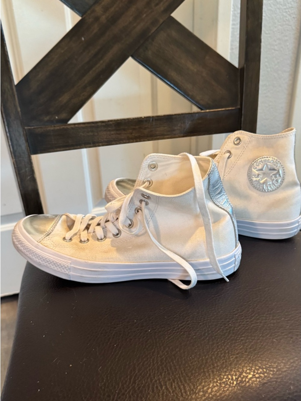 White High-Top Canvas Sneakers with Metallic Silver Toes - Picture 2 of 7